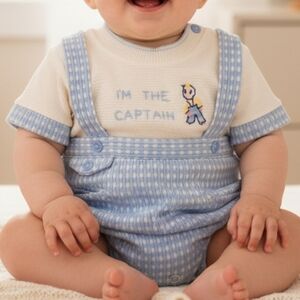 Kiddy Kotton By Wooly Togs Baby Boy 3 Mo Blue Gingham Embroidered Romper Lined